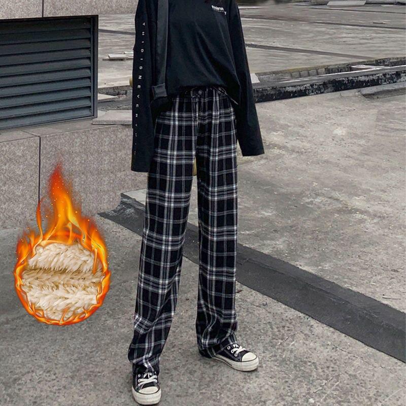 Plus Velvet Thick Plaid Straight-leg Pants Winter Lamb Velvet High Waist Warm Casual Pants Children's Trousers