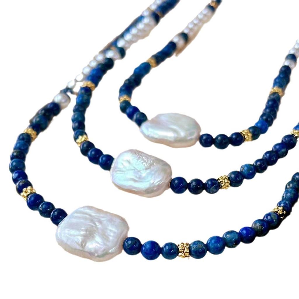 Vintage High Quality Natural Lapis Lazuli Baroque Freshwater Pearl Artificial Imitation Australian White Round Bead Necklace