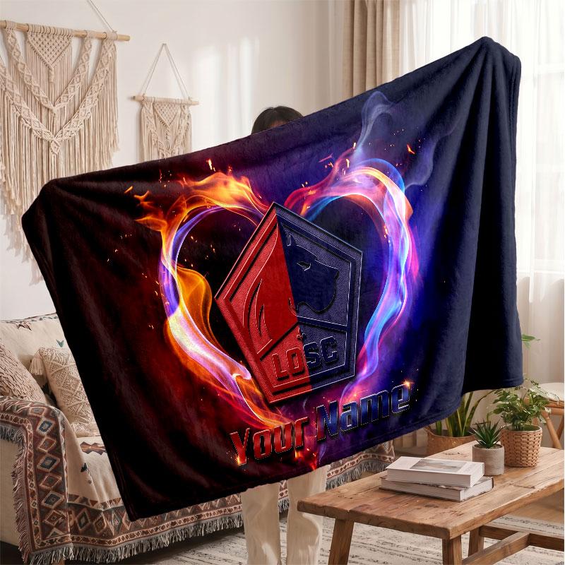 LOSC Lille FC Personalized Fleece Blanket With Football Logo, Custom Name Text Soft Warm Home Throw Blanket