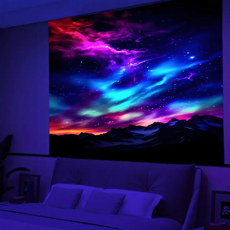 Ultraviolet cosmic vortex luminous tapestry, indoor mood to create atmosphere, psychedelic luminous art, bedroom decoration