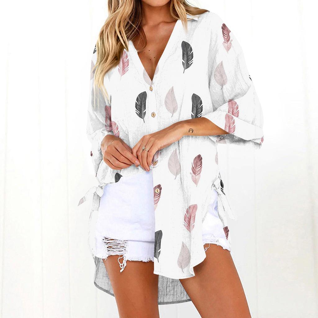 Women's New Button Collar Fashion Print 3/4 Sleeves Retro Print T-Shirt Slim Top Casual Tops