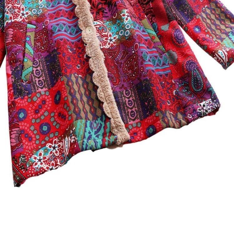Warm Winter Hooded Plush Coat Vintage Women Linen Printed Medium Length Wind Coat