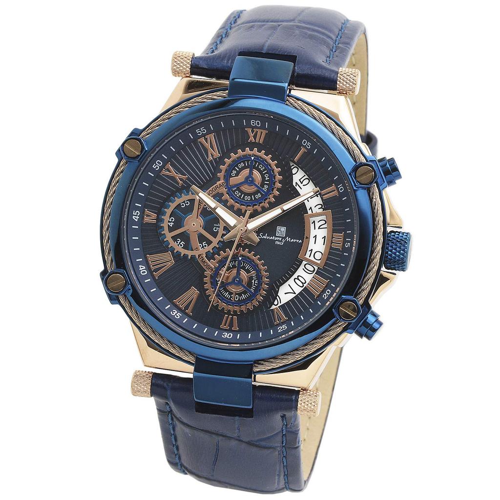 Salvatore Marra Watch Chronograph Business Analog Quartz Gift Men's Blue Includes Watch Cloth PGBL