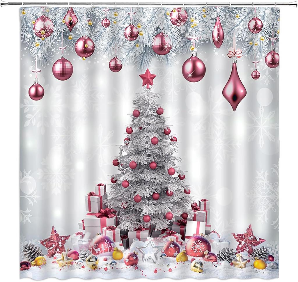 Small Stall Shower Curtain,Merry Christmas Xmas Tree Red Ball Snowflake Twigs Pine Tree Branch Winter Holiday Festival Rusticred