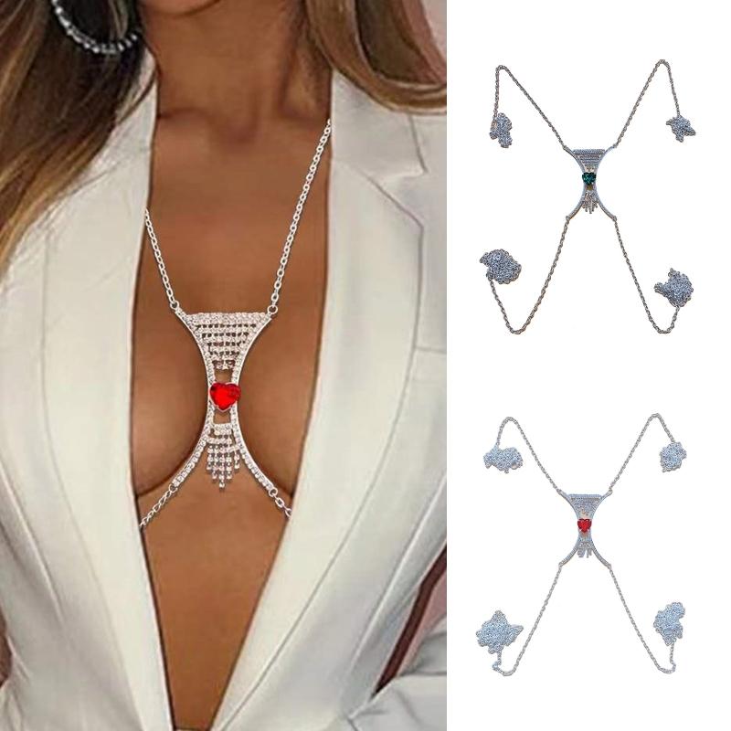 Luxury Heart Crystal Chest Bra Jewelry Rhinestones Body Chain Necklace Bra Chain Jewelry Body Jewelry For Women Sexy