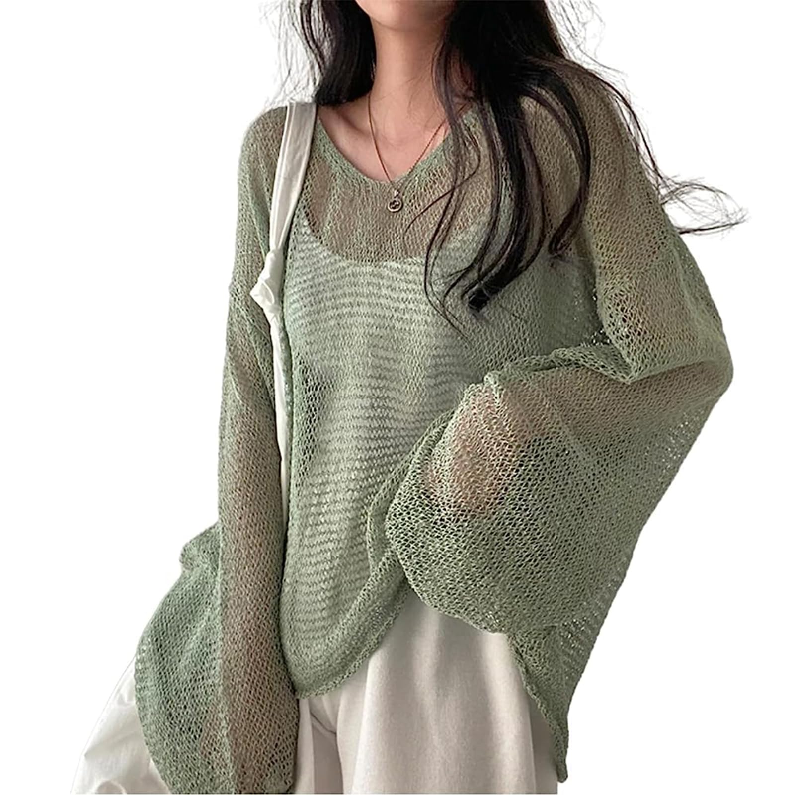 

Вязаный сетчатый пуловер с защитой от УФ-лучей и кондиционированием воздуха Этот вязаный топ идеально подходит для и [xppe] Женская защита. свободного кроя, легкий, зелёный