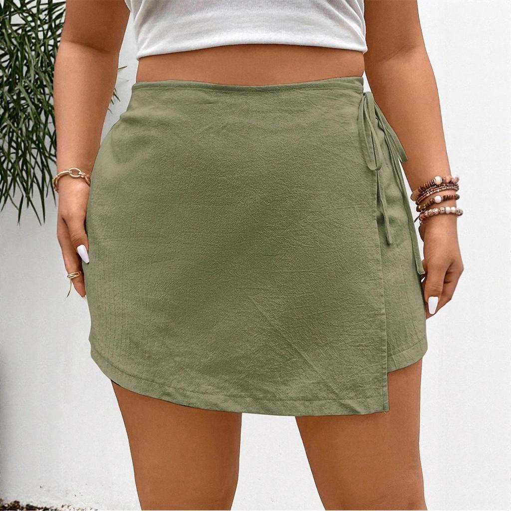 Spring Summer New Solid Color Tie Waist Elastic High Waist A-line Skort Women Casual Summer Shorts Skirt