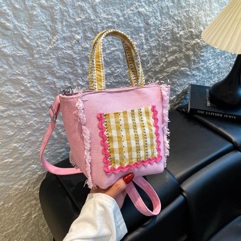 

Новая портативная сумка-ведро, маленькая свежая клетчатая сумка-мессенджер с кружевом, милая маленькая сумочка с бантом для работы