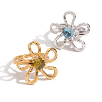 Youthway Minimalist Statement Metal Irregular Flower Colored Zircon Hollow Ring Stainless Steel Waterproof Fashion Jewelry Gift