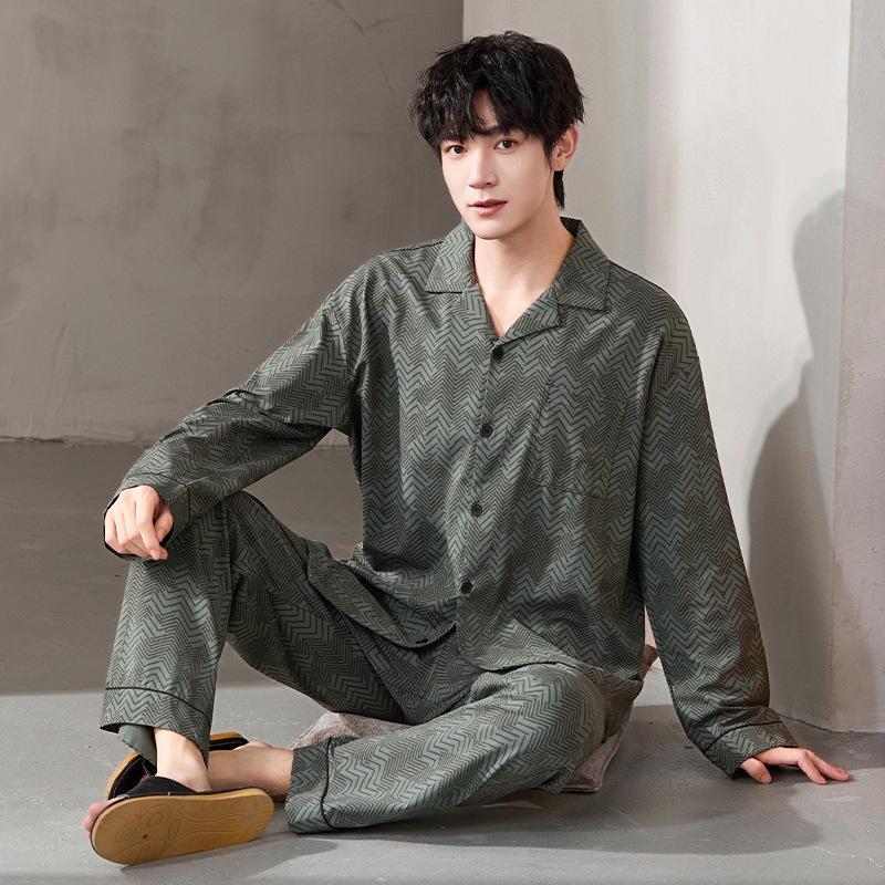 Antibakterieller Herren-Schlafanzug aus reiner Baumwolle der Klasse A – Langarm-Strickjacke für Frühjahr/Herbst 2025, lässige Heimkleidung