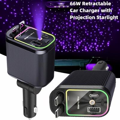 Sternenhimmel Top Schnellladegerät für Auto(Schwarz) - Lila Licht, 4-in-1 Einziebares Ladegerät, Duales 80cm/31 Zoll langes einziehbares Kabel Autoladegerät