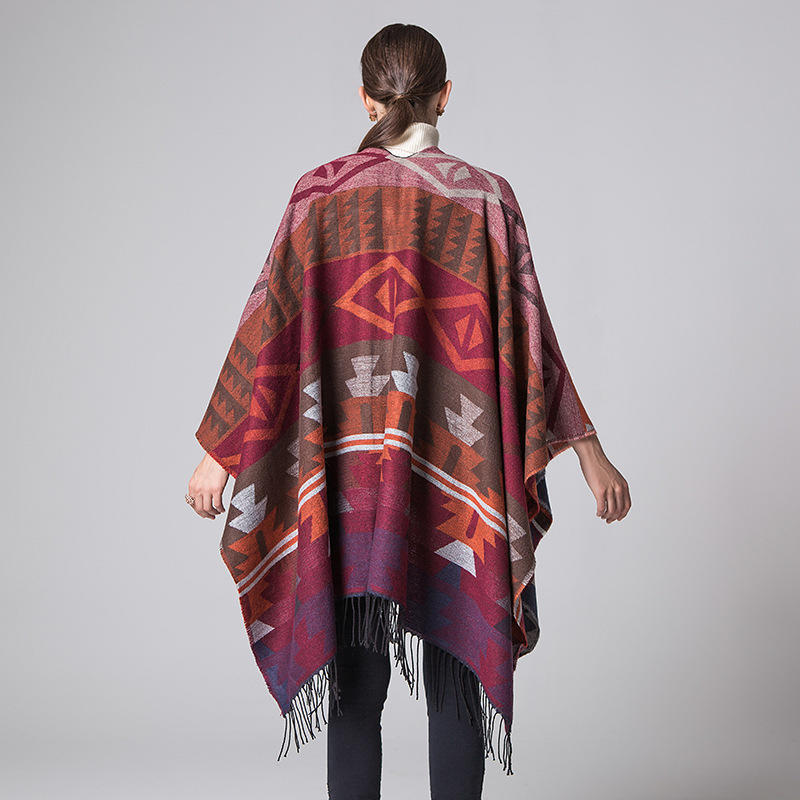 Damenmode Geometrischer Diamant-Umhang, langer, dicker, warmer Pashmina-Schal im ethnischen Stil, Herbst- und Winter-Reiseumhang, geteilte Wickel