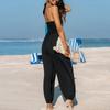 Ladies' Loose And Comfortable Solid Color Deep V Hanging Neck Sleeveless Pleated Pocket Wide Leg Long Jumpsuit