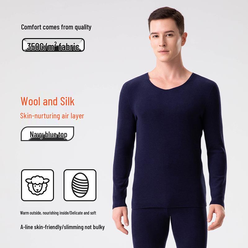 Men's Wool-Silk-Acrylic Seamless Fleece-Lined Warm Underwear Set