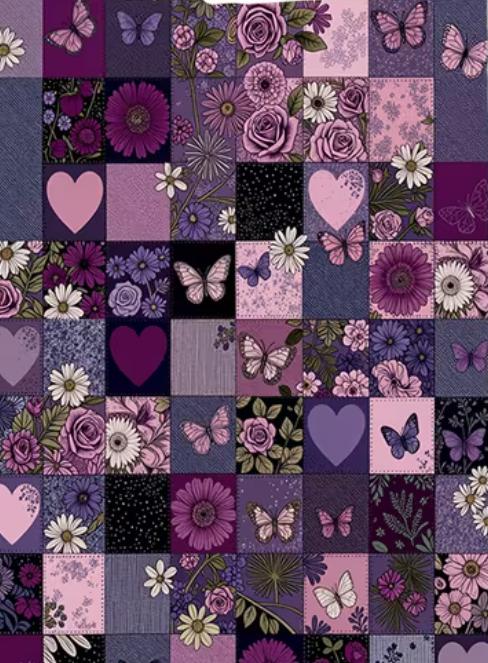 Purple Vintage Patchwork ArtFloral Checkered Dove Heart PatternHigh-Quality Single-Sided Printed Flannel Blanket
