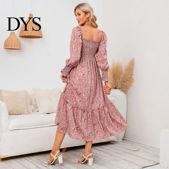 Women Dress Long Sleeves Flower Print A-line Square Neck Midi Casual Elastic Bust Backless Patchwork Hem Pleated Spring Fall Chiffon Outfit