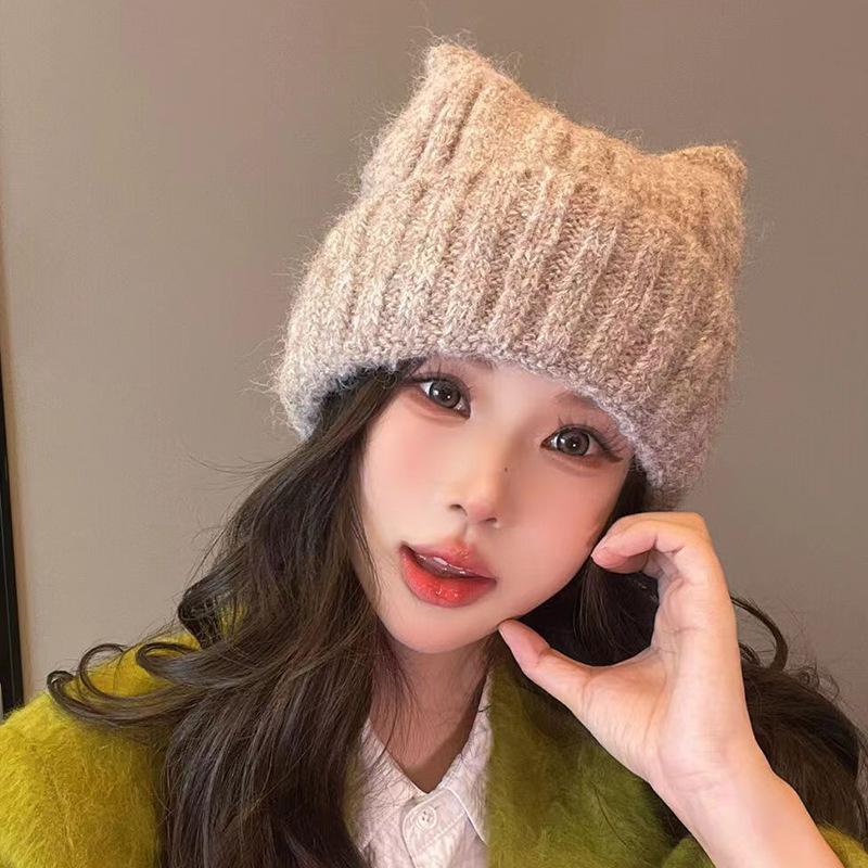 Cartoon Knitted Hat for Women Korean Style Solid Color Fashionable Versatile Wool Hat Outdoor Windproof and Warm Pull Out Hat for Men