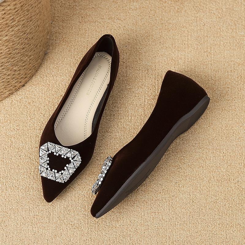 W1022-98 French temperament rhinestone black pointed flat shoes women's 2025 new shallow mouth work professional single shoes