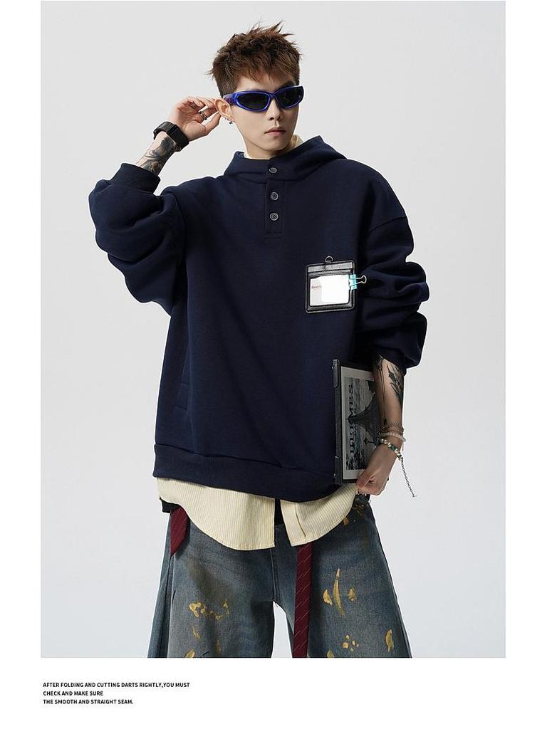 Unisex Retro Heavyweight Fleece-Lined Button-Up Hoodie: Trendy and Loose Fit