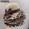 Women's Leopard Print Straw Sun Hat Wide Brim UV Protection Summer Hat with Bow Foldable Breathable Beach Hat