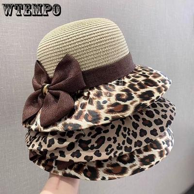 Women's Leopard Print Straw Sun Hat Wide Brim UV Protection Summer Hat with Bow Foldable Breathable Beach Hat