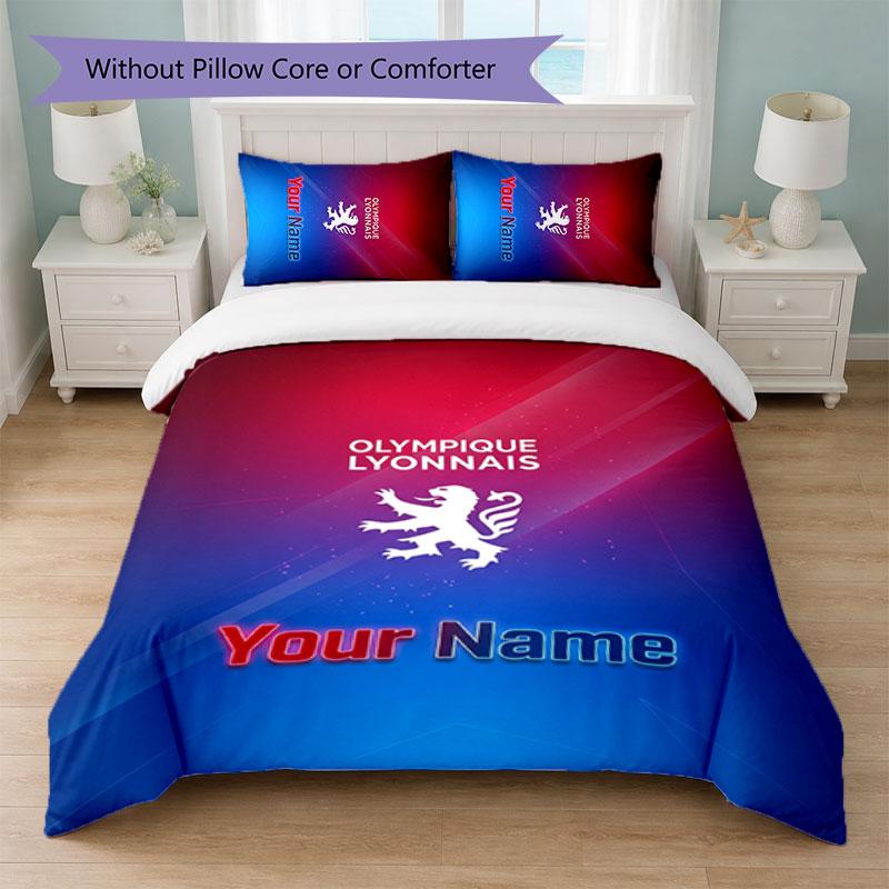 Lyon FC Custom Name Text Bedding Set 1 Duvet Cover+2 Pillowcases Soccer Logo Personalized Gift For Special Occasion Bedroom Decor