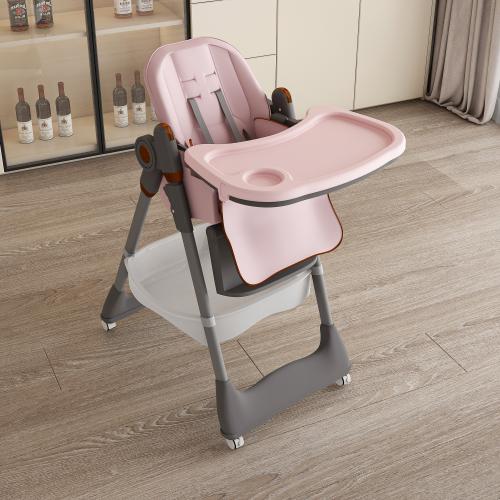 Adjustable Kids High Chair 0-6 Years, Portable Dining Chair with Safety Harness, Lockable Wheels, Easy Cleaning for Home, Pink