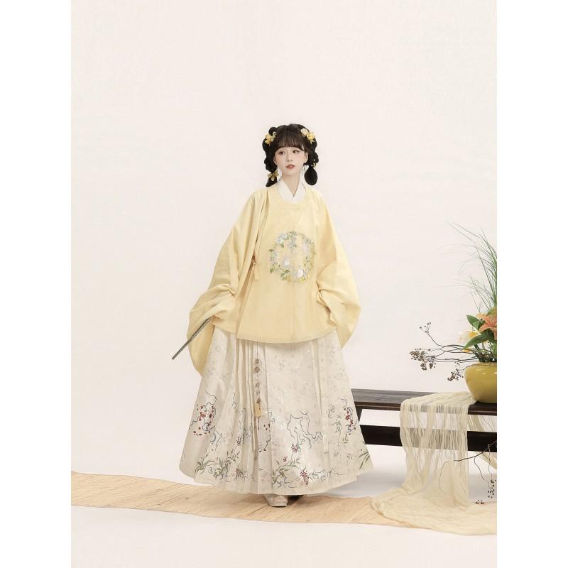 Womens Ming Dynasty Style Hanfu Set: Round Collar Top With Wide Sleeves Printed Skirt Embroidered Floral Design Four Season