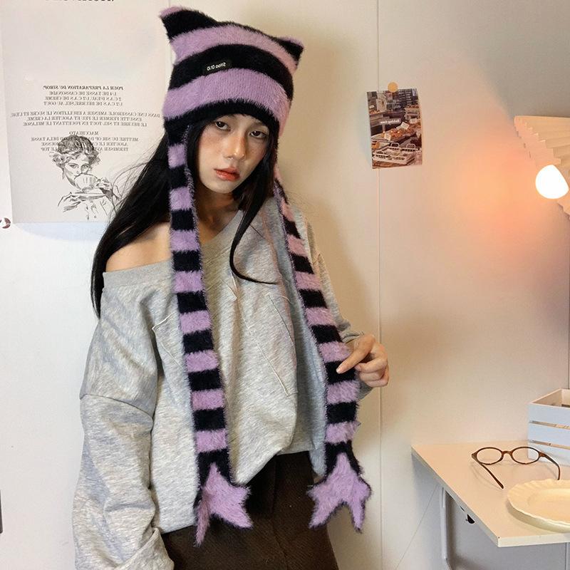 Y2K Subculture  Girl Sweet Cool Style Hat Star Striped Plush Knitted Hat
