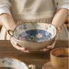 Keramik-Suppenschüssel im japanischen Stil mit Griff 800ml, Unterglasurfarbenes florales Serviergeschirr für Eintopf, Pasta, Müsli, Mikrowellen- und ofenfest, 1 Stück