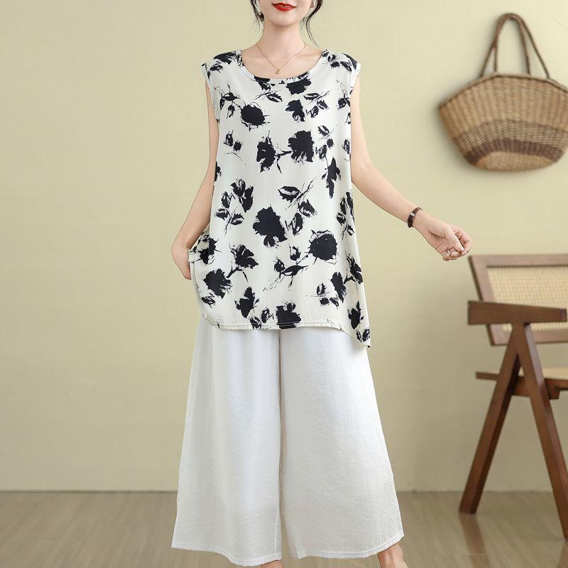 Yeni A kesim İnce Bol Kadın Tişörtü Çin Tarzı Baskılı Üst Çok Yönlü Zarif Askılı Üst