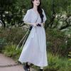 French Blue V-Neck Puff Sleeve Tea Break Dress - Women's Summer Slimming Lace-Up Waist Elegant Skirt