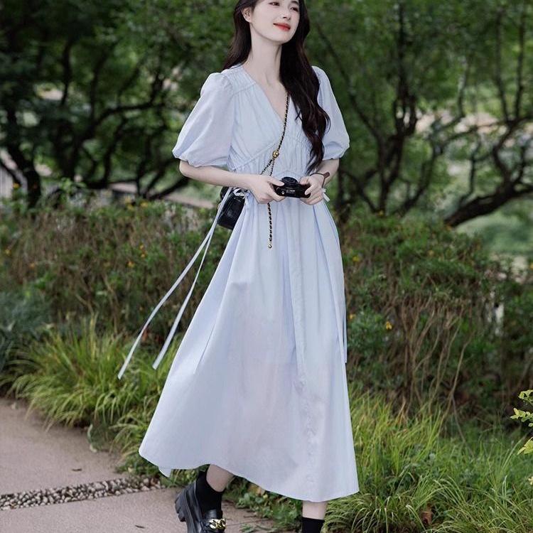 French Blue V-Neck Puff Sleeve Tea Break Dress - Women's Summer Slimming Lace-Up Waist Elegant Skirt