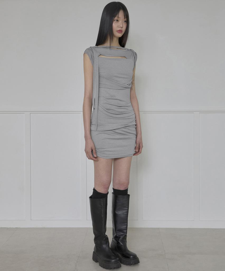 Peulleeoeob Asymmetrical Draped Strap Roll-Up Dress (Fl-171_Gray)