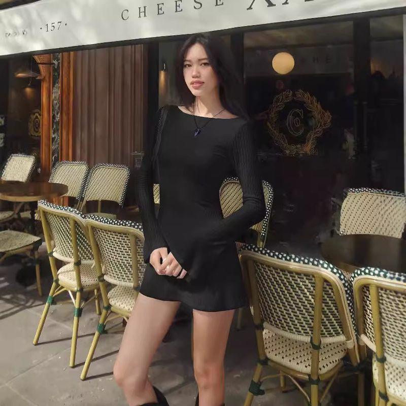 

Solid Color Long Sleeve Seamless Dress Pure Color Long Sleeves Backless Dress Black L
