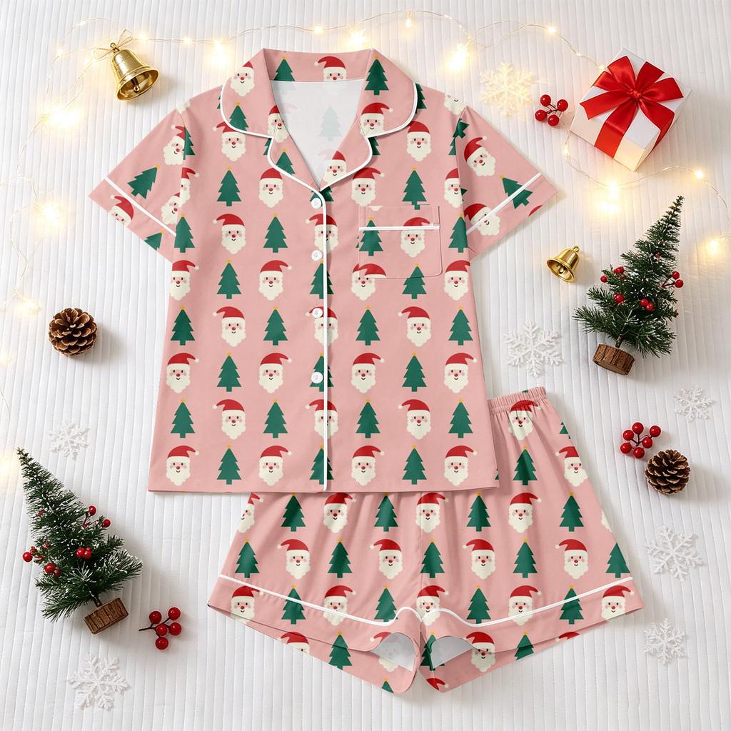 Women's Christmas Pajama Set with Short Sleeve Button Down Shirt and Pajama Shorts