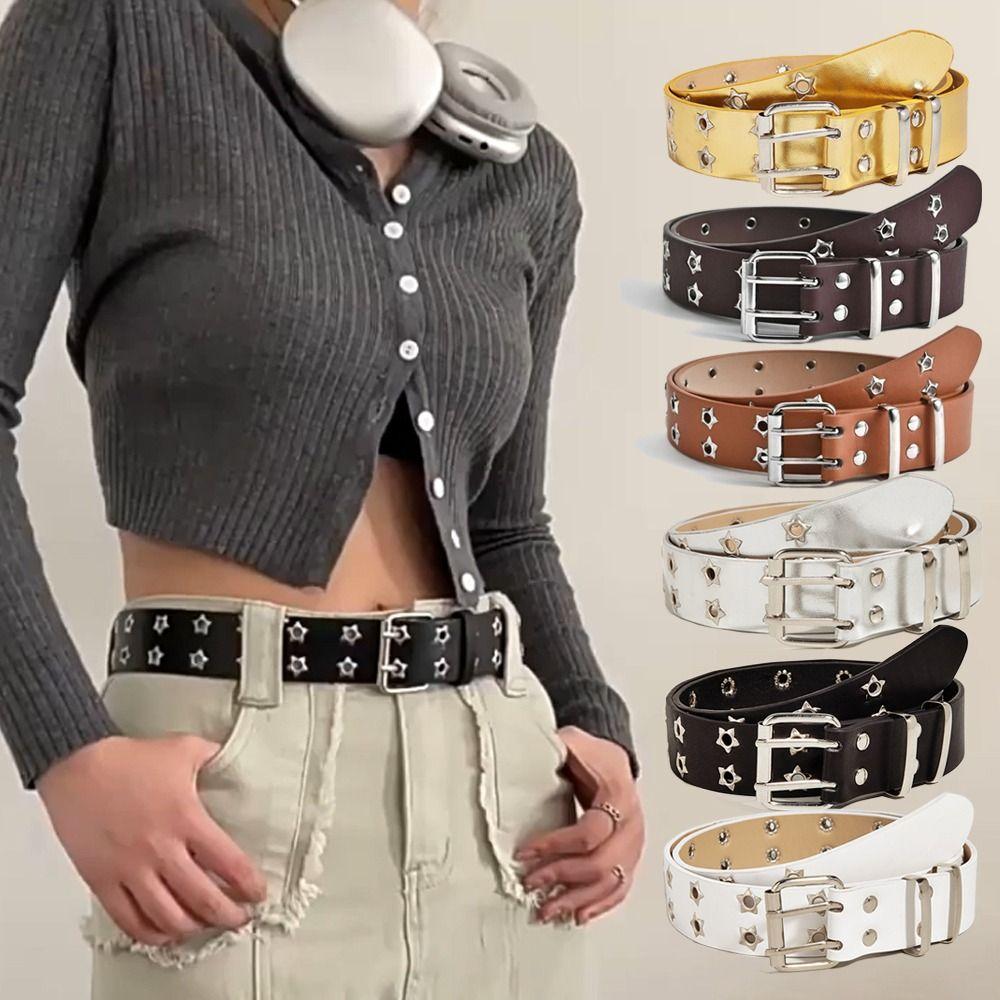Star Eyelet Gothic Leather Belt Punk Rock Style Waist Band Y2k Double Pin Buckle Waistband