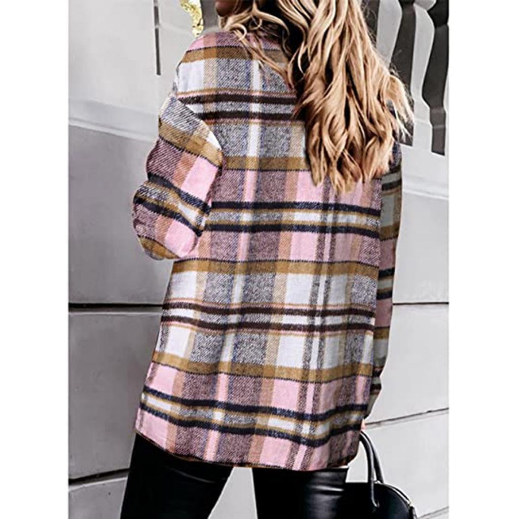 Women's Fall Winter Plaid Wool Blend Shirt Jacket, Long Sleeve Loose Button Down Coat With Pocket, European American Style Casual Outerwear