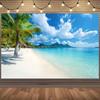 2D Flat 1pc Tropical Beach Background Featuring Coconut Trees White Sand and Azure Sea
