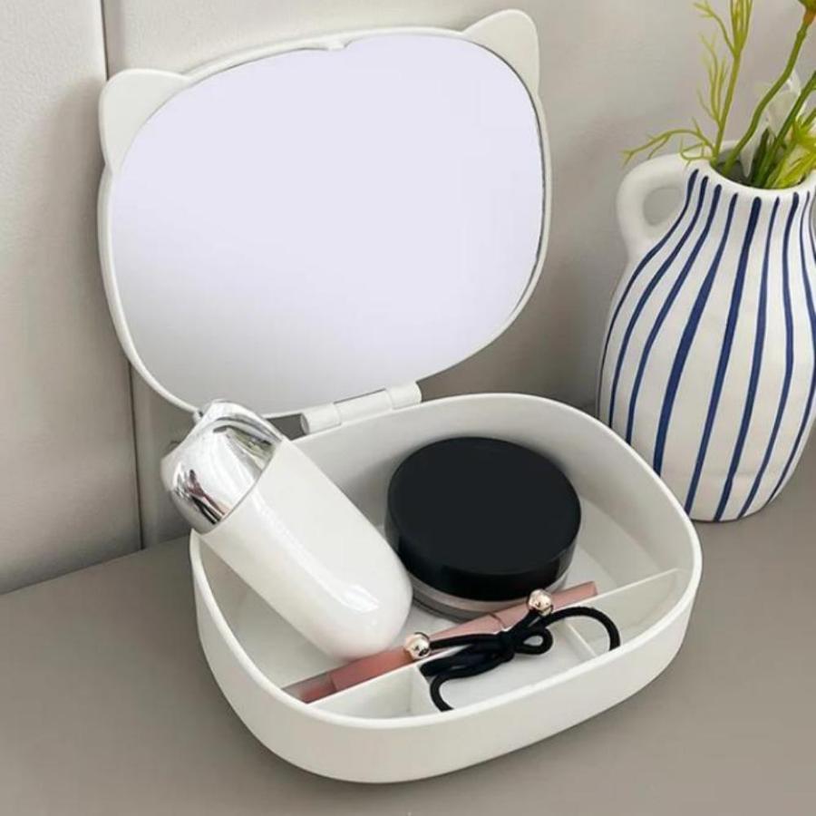 Toaletní zásobníky se zrcátkem, skládací zrcátko na make-up s organizací úložiště, stolní kosmetické zrcátko s úložným pouzdrem