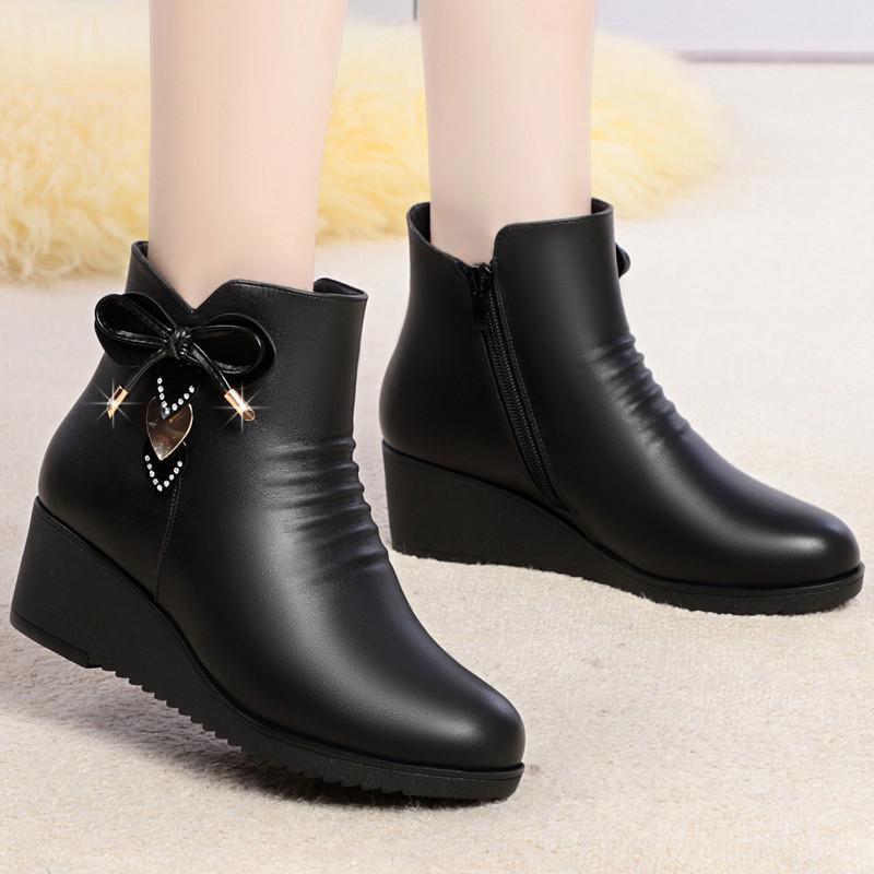 Autumn Winter Women’s Non-Slip Wedge Heel Ankle Boots - Warm Velvet Lined for Mature & Elderly