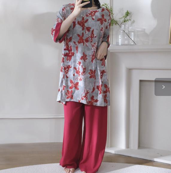 Hanfu pajamas women's spring summer new Chinese-style cotton and silk suit cotton silk medium-sleeved loose loungewear can be worn thin
