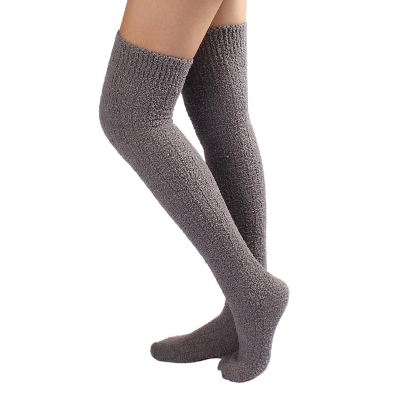 Womens Winter Leg Warmer Coral Fleece Thigh High Boot Socks Solid Color Ribbed Furry Warm Over the Knee Long Stockings