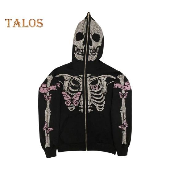Unisex Halloween Hoodie Rhinestone Ghost Skeleton Pattern Zipper Closure Hooded Pockets Long Sleeves Party Cosplay Costume Fall Winter Jacket