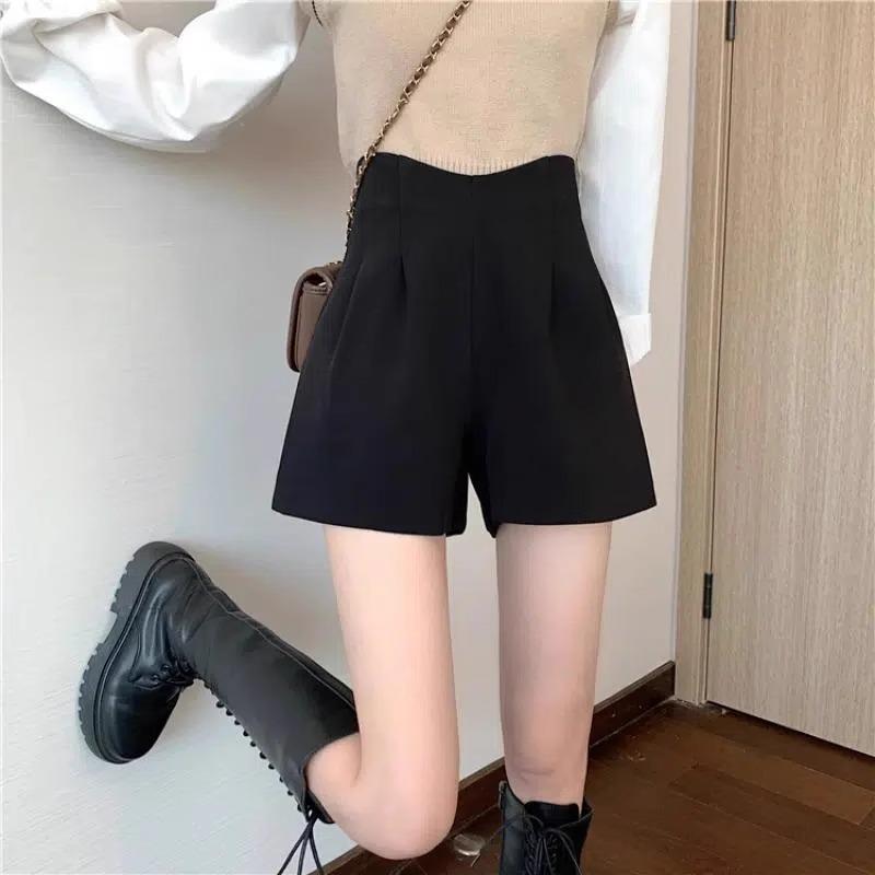 Women's High Waist Woolen Shorts: Autumn & Winter Slimming Casual Wide-Leg Pants In Black