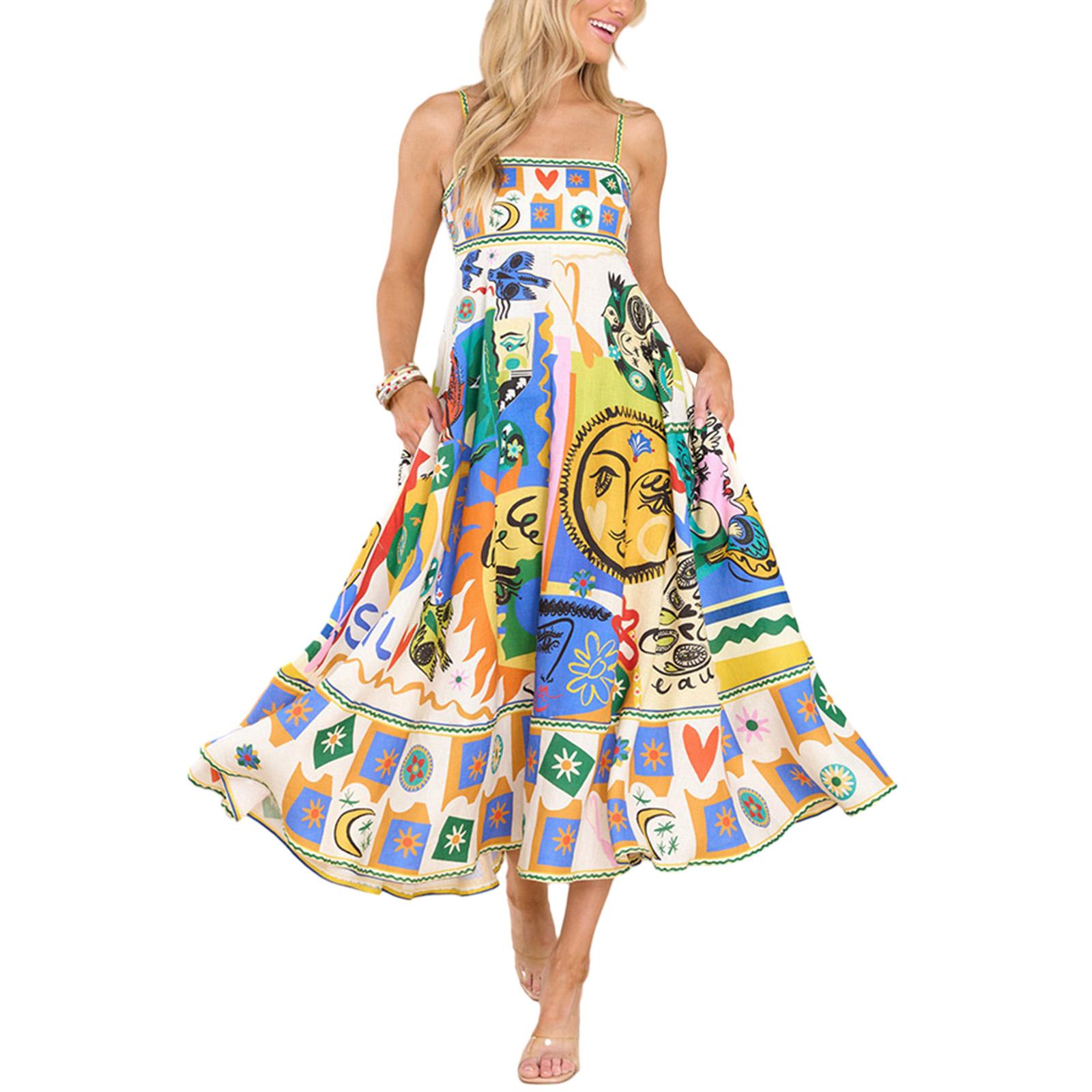 

Женское платье без рукавов на тонких бретельках, летнее струящееся платье А-силуэта с принтом, длинное коктейльное пляжное уличное платье L жёлтый