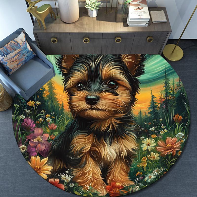 Yorkshire Terrier Round Area Rug,Carpet Rug for Living Room Bedroom Sofa Playroom Decor,Non-slip Floor Mat