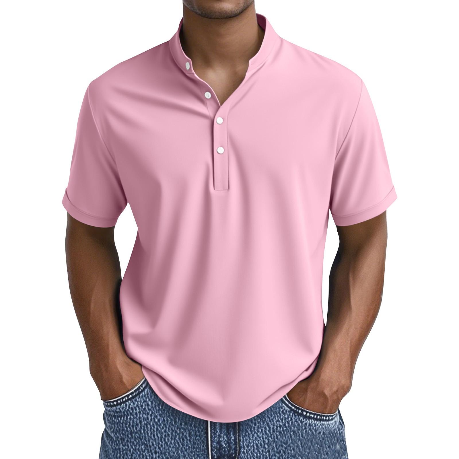 

Мужские летние однотонные топы с воротником на пуговицах и коротким рукавом, мужские повседневные свободные модные топы M розовый