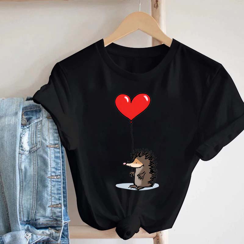 Pink Women Tshirts Casual Cute Cartoon Hedgehog Floral Graphic Print Female Tee Tops Harajuku Fashion Short Sleeve T Shirt Femme
