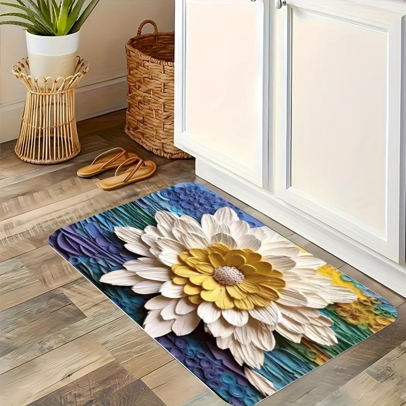 1PC Yellow Floral Pattern Kitchen Rug Non-Slip Door Mat Pop Design Bathroom Rug Bath Mat Carpet for Home Sink Laundry Decor